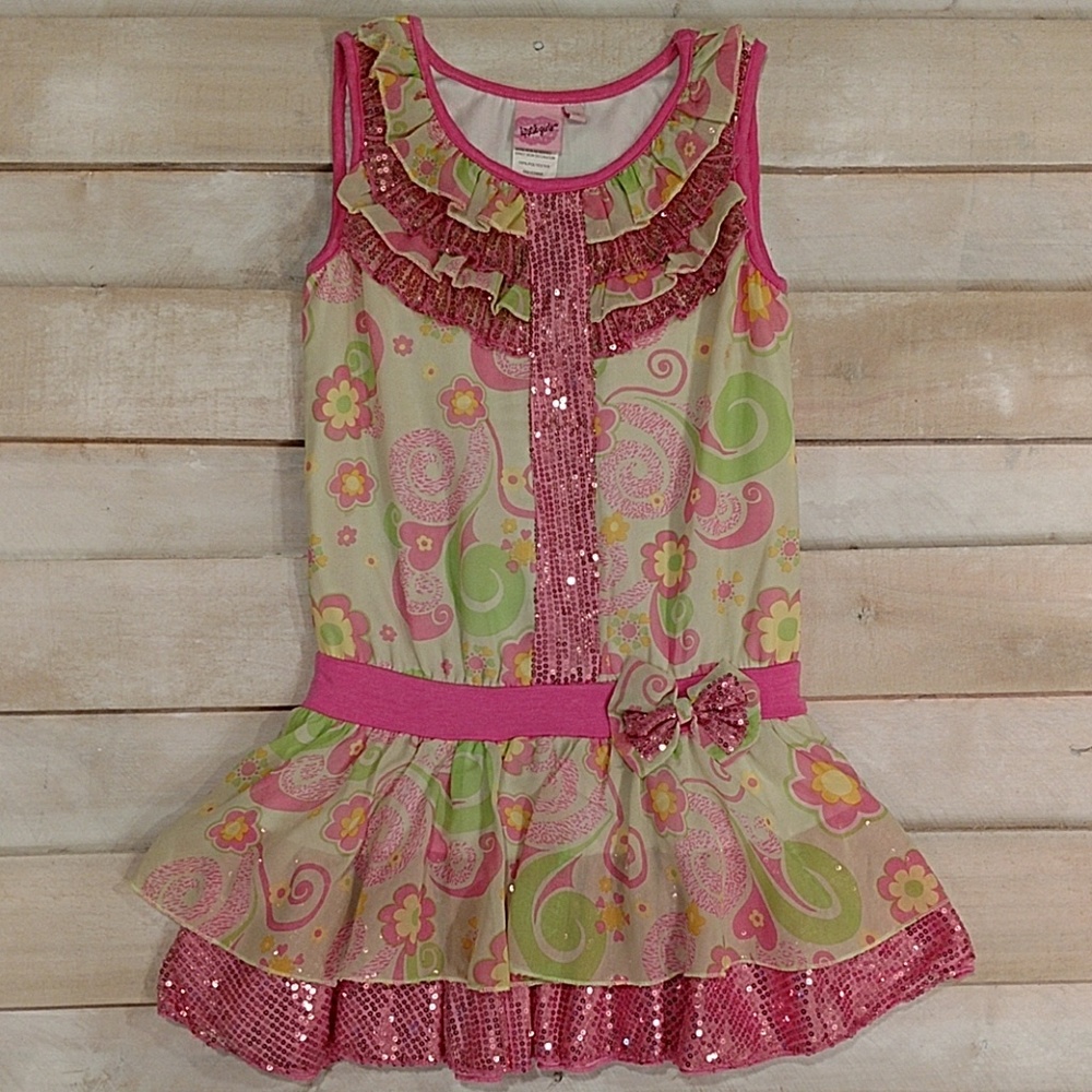 LIPSTICK Pink Sequin Floral Print Dress Girls